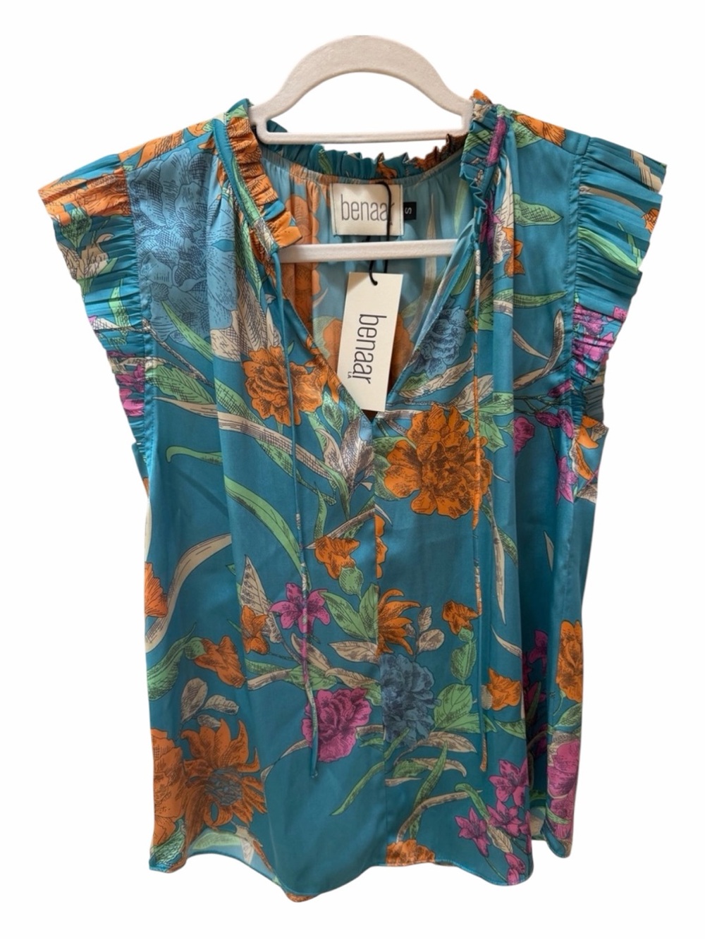 Hawaiian Teal Floral Silk Ruffle-Sleeve V-Neck Blouse